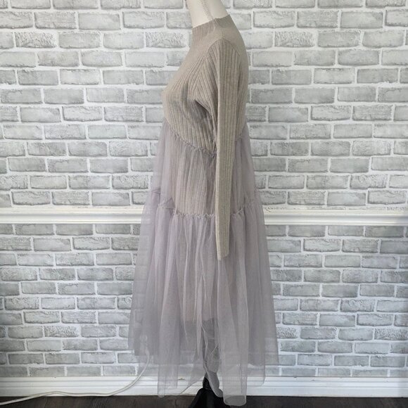 Boutique Pewter Gray Sweater Dress Tulle Layers Feminine Romantic Cozy Fairy - Picture 2 of 7